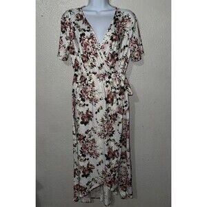 Due time Maternity Wrap Dress White Pink Floral Dress Fits Sz Large Fairy